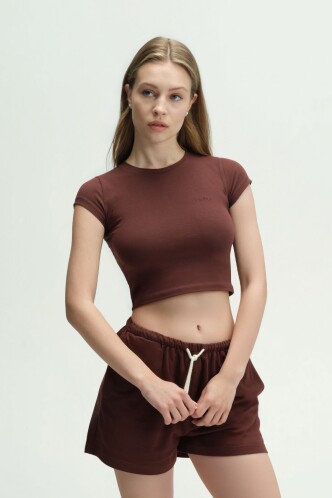 LOUNGEWEAR DOSSHA KAHVERENGİ CROP TİŞÖRT - Dossha